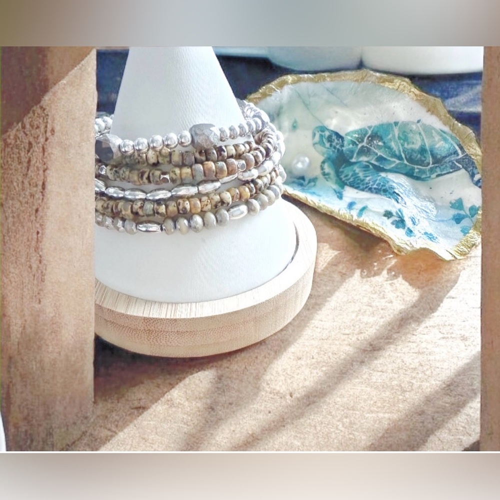 Silver Shore Stack (6 Bracelets) + Turtle Oyster … - image 1
